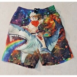 Shark Cat Galaxy Print Men's Swim Trunks, Novelty Graphic Shorts Board Shorts